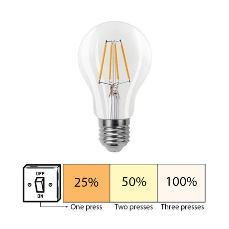 LED Filament lamp 6W | A60 | Helder | 3-step Dimbaar | E27 | 2700K - Warm wit | 3 stap illustratie