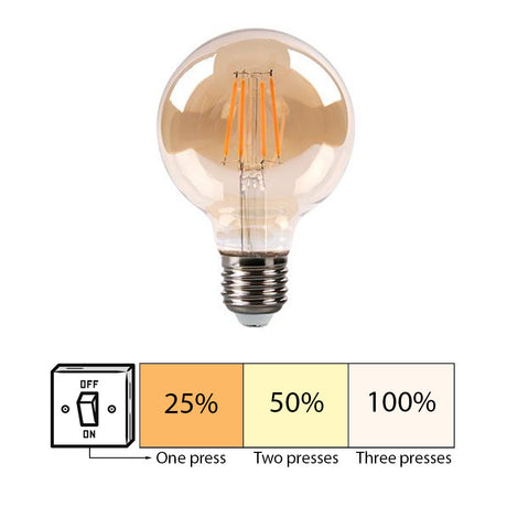 LED Filament lamp 6W | G80 | 3-step Dimbaar | E27 | 2700K - Warm wit | 3 stap illustratie