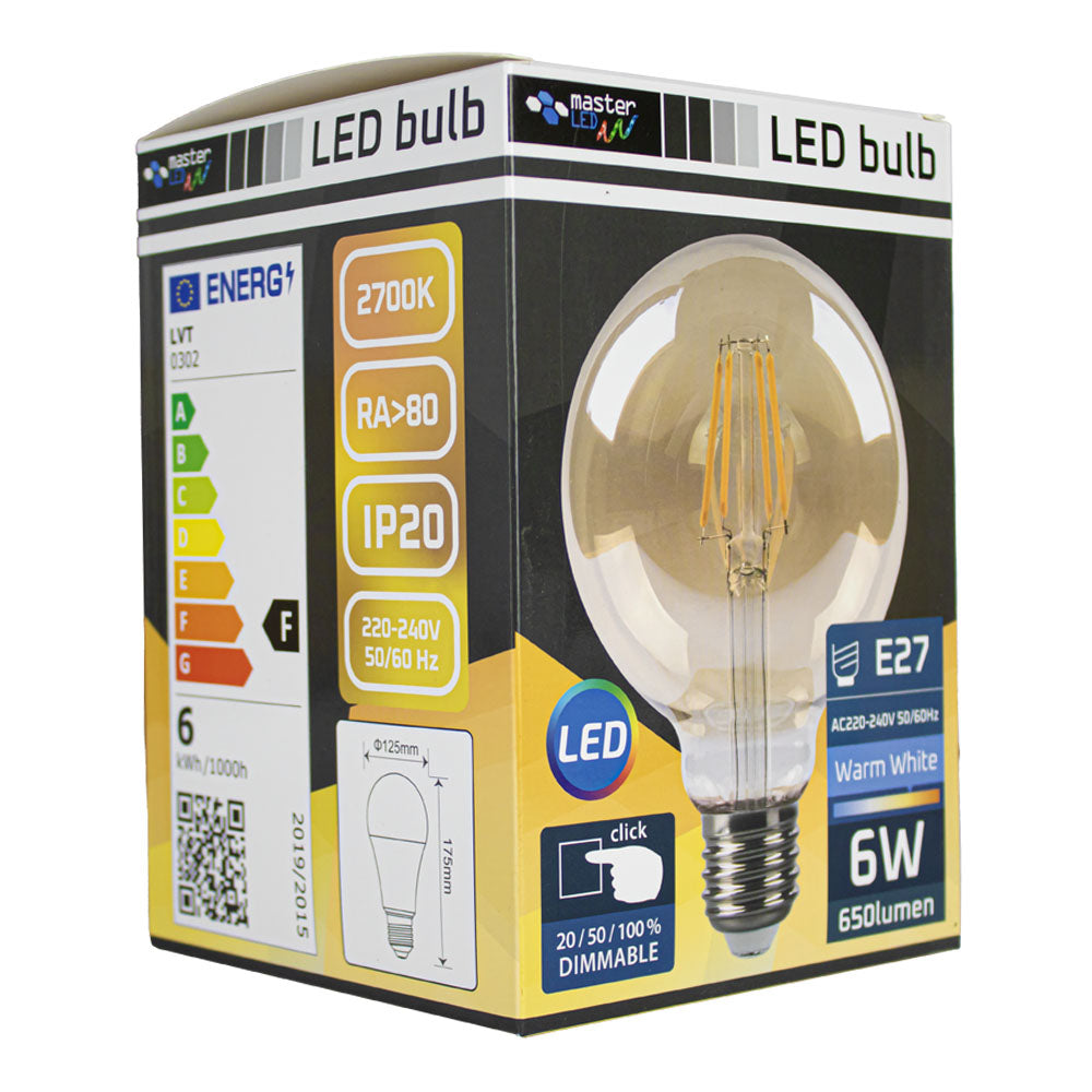 LED Filament lamp 6W | G125 | 3-step Dimbaar | E27 | 2700K - Warm wit | Doos foto