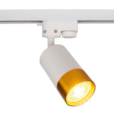 LED 1-fase railspot wit met gouden ring gu10 fitting - zijaanzicht lamp aan