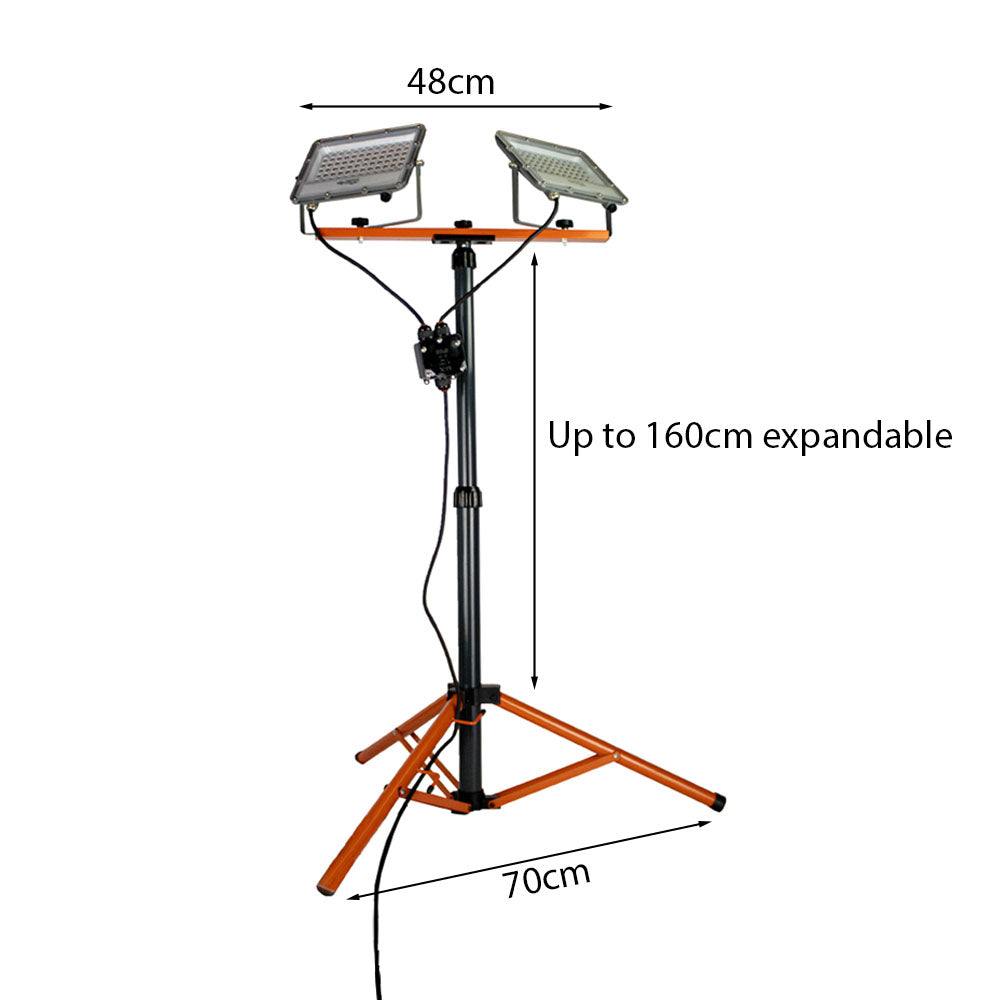 Bouwlamp op statief | 2x 50 watt | Zwart / Oranje | 10.000 lumen | Afmetingen