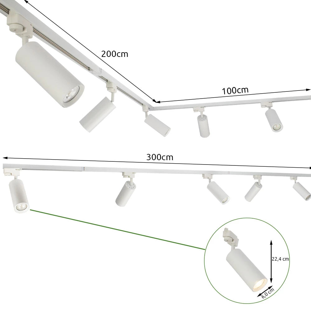 LED 1-Phasen-Schienen | Weiß | 3 Meter | Inklusive 5 Schienenspots