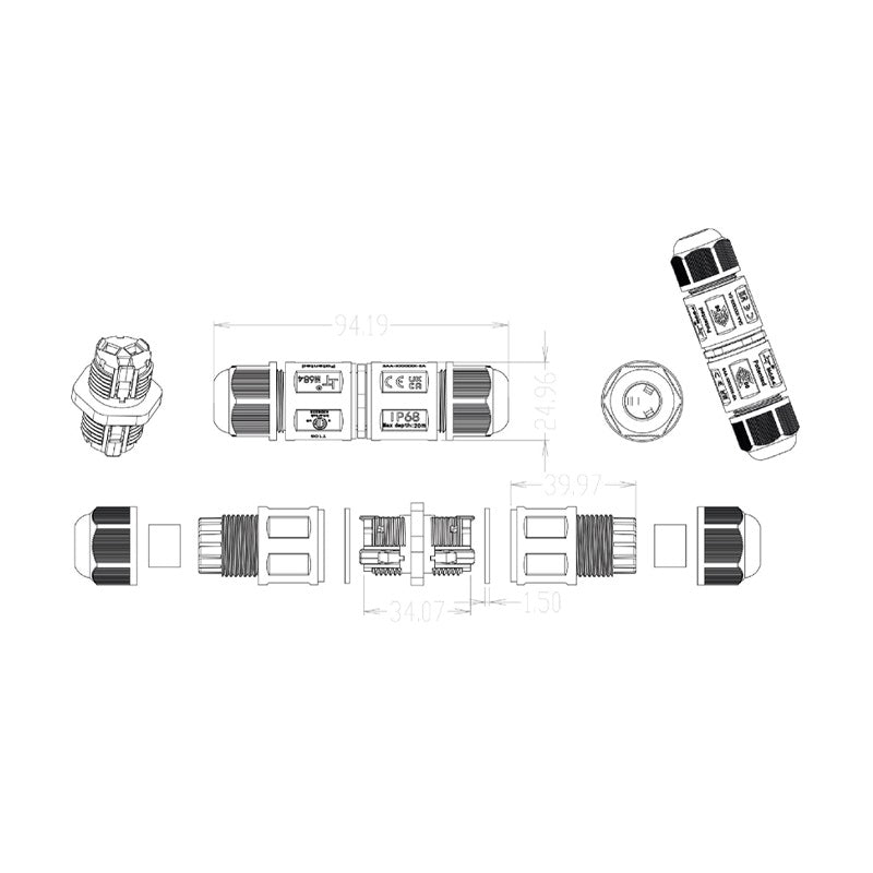 3Pin I-VORM waterdichte QUICK Connector - Voor 4-11mm kabel - afmetingen