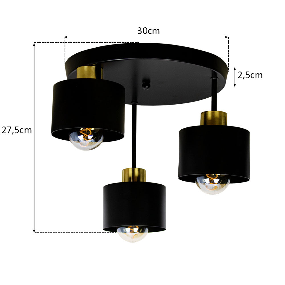 Plafondlamp 3-voudig zwart - Goud | metaal | 3x E27 fitting | Ø30cm | Afmetingen