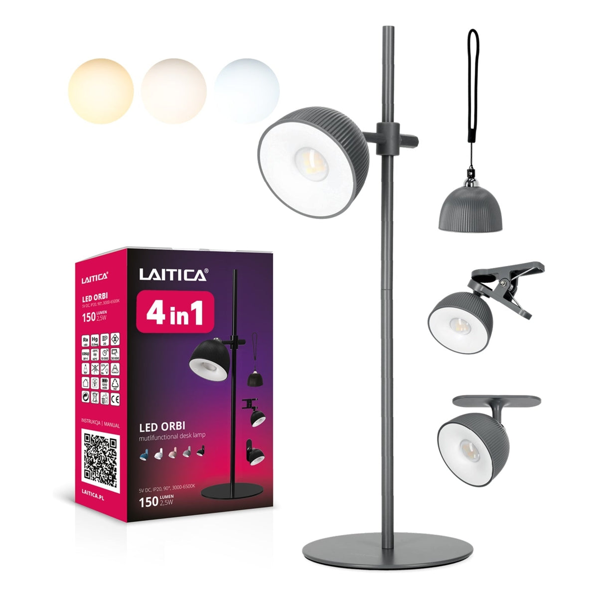 LED Orbi 2,5W 4in1 Schreibtischlampe magnetisch Grau - CCT Lichtfarbe einstellbar | inkl. Klemme, Deckenbefestigung, Schnur