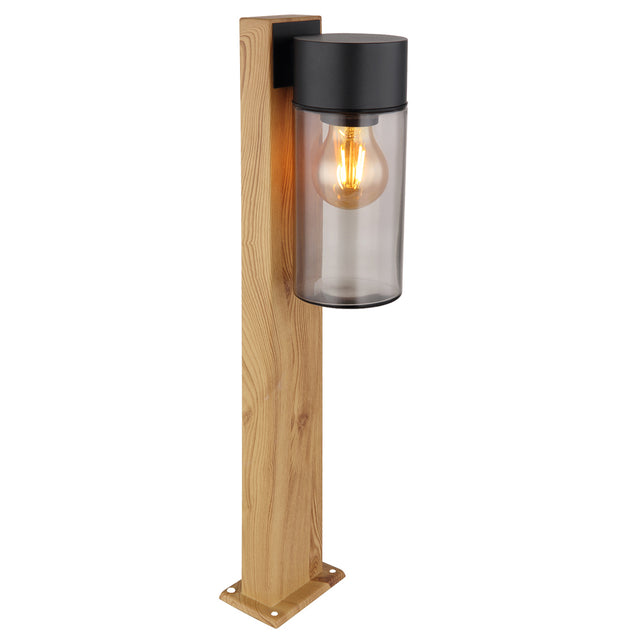 LED staande buitenlamp hout E27 fitting - glas - IP44 - zijaanzicht lamp aan