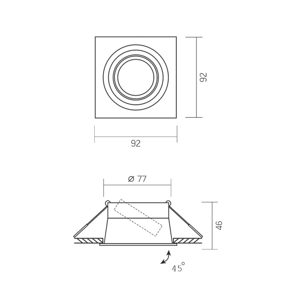 LED inbouw spot vierkant wit 77mm kantelbaar - afmetingen