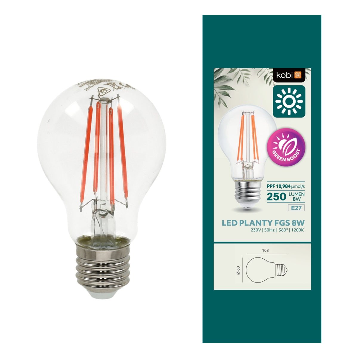 LED-Pflanzenlampe mit E27-Fassung | 8 Watt | 250 Lumen | 1200K | PFLANZLICH