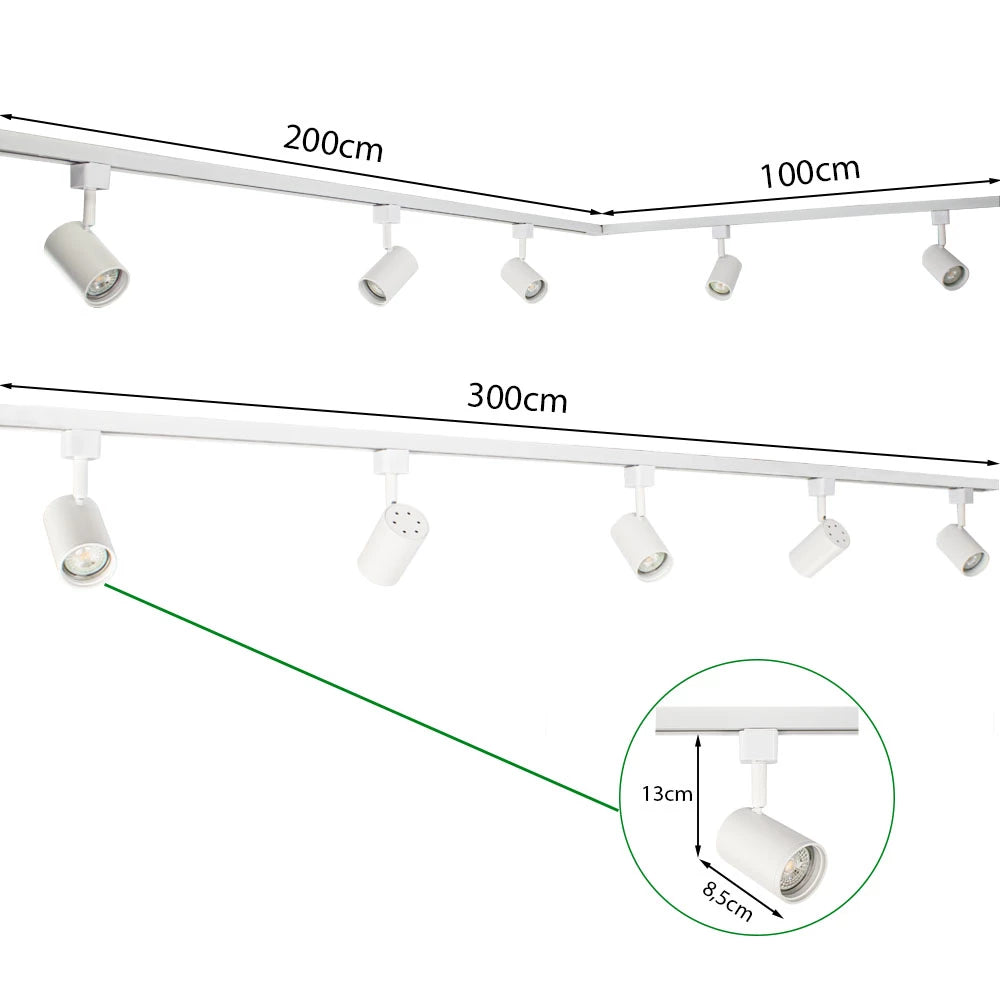 LED 1-Phasen-Schienen | Weiß | 3 Meter | Dimmbar | inkl. 5x Schienenspots