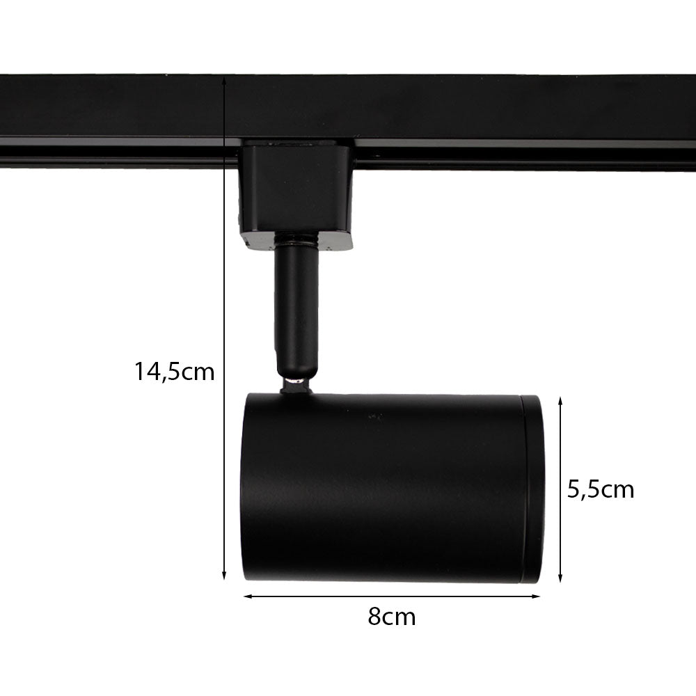 LED 1-fase Railspot Zwart GU10 fitting - afmetingen