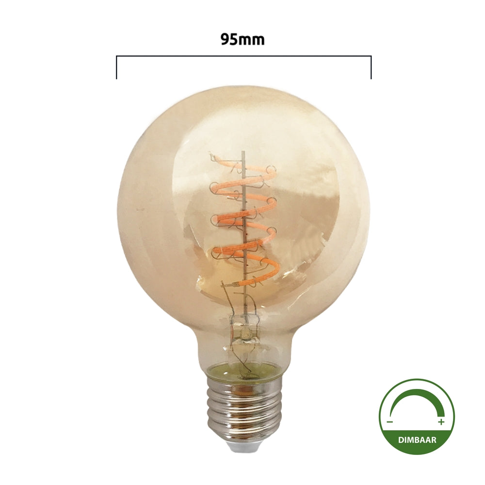 LED Filament Globe lamp amber - spiraal | 95mm | 4 Watt | Dimbaar | 2200K - Extra warm