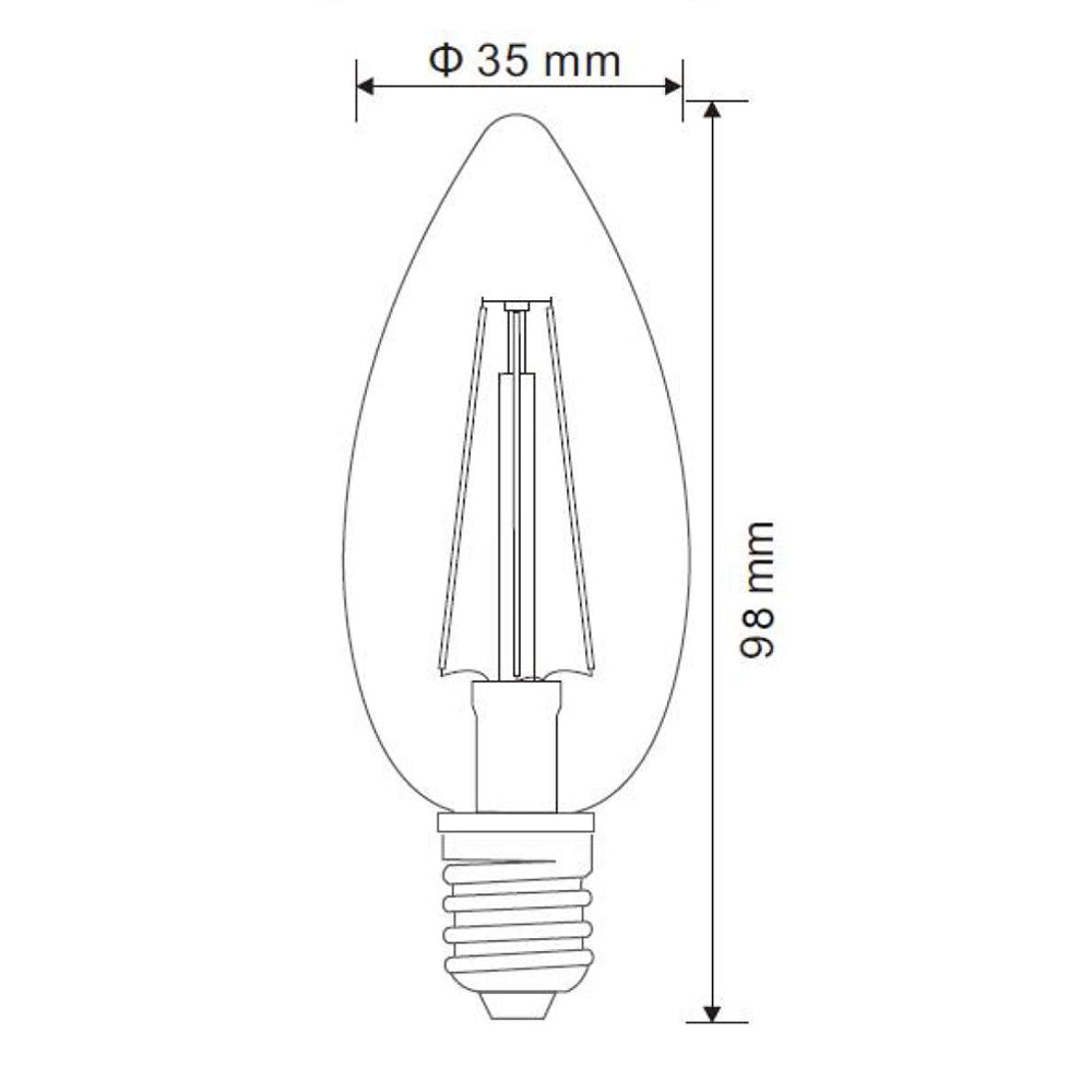 LED E14 lamp kaars filament dimbaar - afmetingen