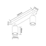 LED moderne dubbele opbouwspot 2 x gu10 fitting - afmetingen