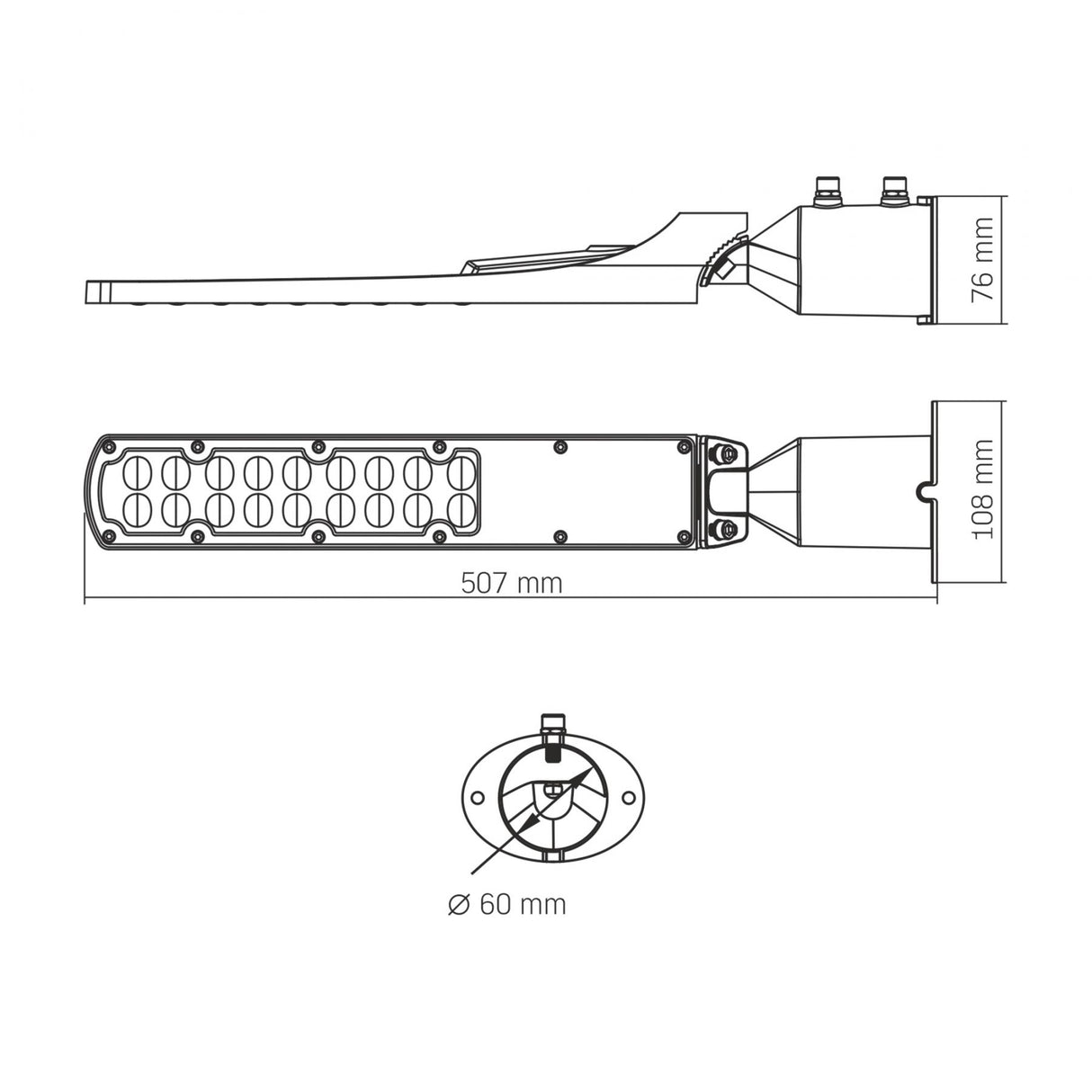 LED Straatlamp zwart PLAYA - Eco serie - 50W - IP65 - 100lm-w - 5000K - technische tekening