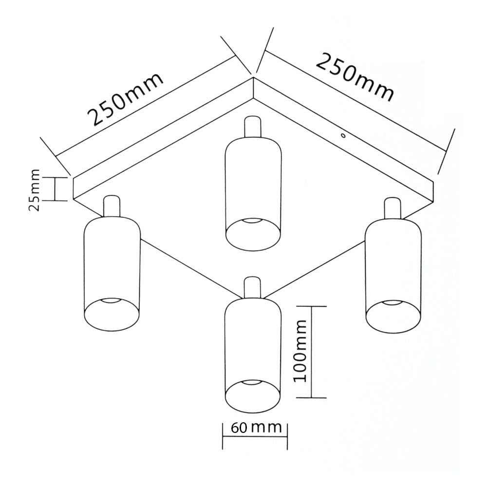 LED moderne opbouwspot zwart met goud 4 x gu10 fitting kantelbaar - afmetingen