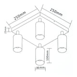 LED moderne opbouwspot zwart met goud 4 x gu10 fitting kantelbaar - afmetingen