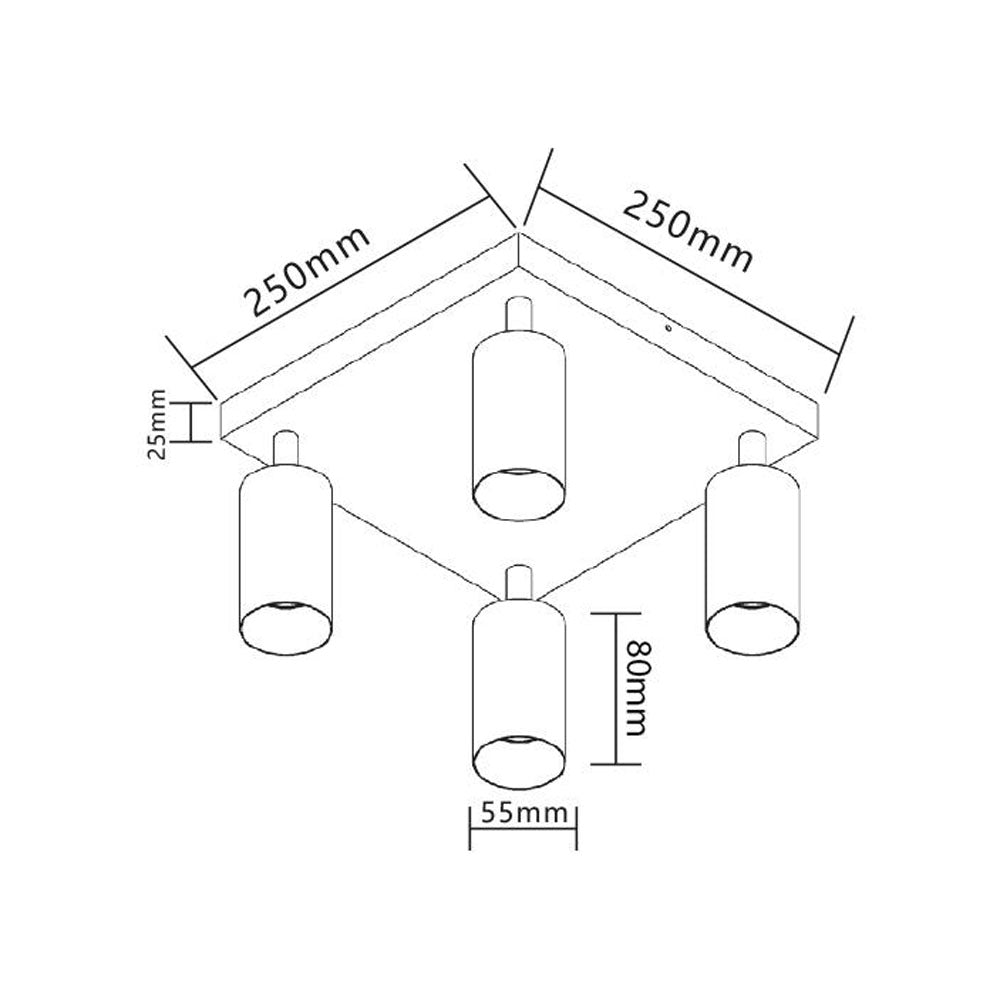 LED plafond opbouw spot vierkant wit 4 keer gu10 fittingen - afmetingen