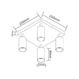 LED plafond opbouw spot vierkant wit 4 keer gu10 fittingen - afmetingen