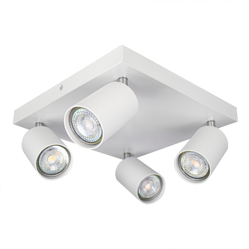 LED plafond opbouw spot vierkant wit 4 keer gu10 fittingen - vooraanzicht met spots