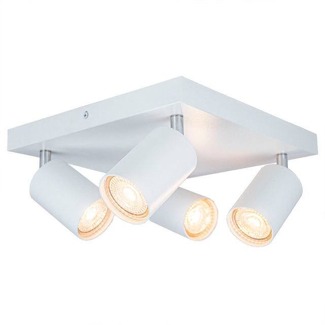 LED plafond opbouw spot vierkant wit 4 keer gu10 fittingen - vooraanzicht met spots aan