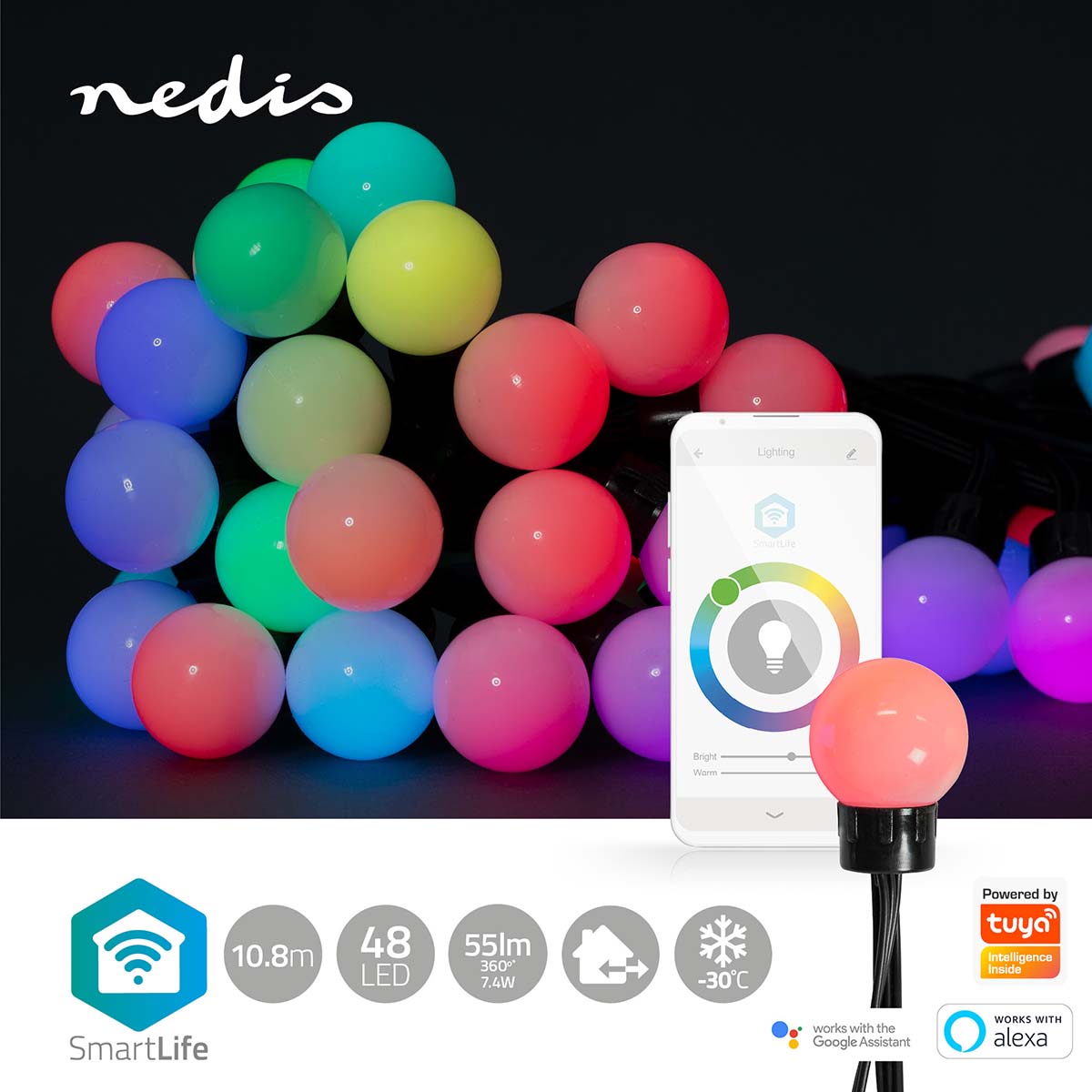 LED decoratieve feestverlichting RGB wifi - 48 LED's - vooraanzicht bediening app